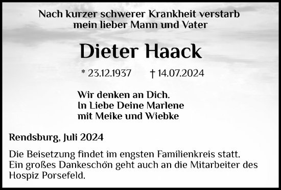 Traueranzeige von Dieter Haack von Schleswig-Holsteinische Landeszeitung