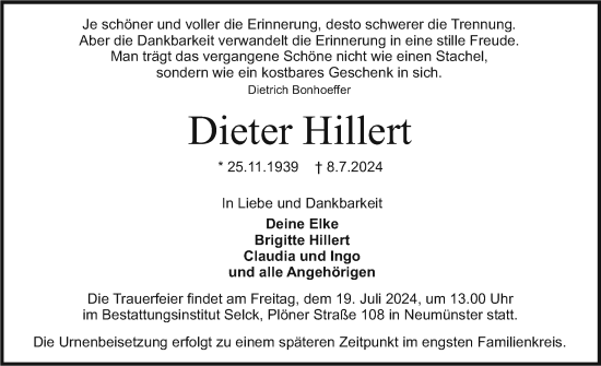 Traueranzeige von Dieter Hillert von Holsteinischer Courier