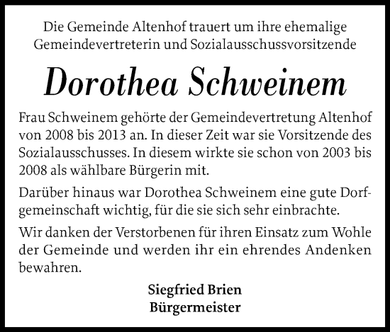 Traueranzeige von Dorothea Schweinem von Eckernförder Zeitung