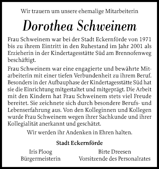 Traueranzeige von Dorothea Schweinem von Eckernförder Zeitung