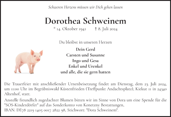 Traueranzeige von Dorothea Schweinem von Eckernförder Zeitung, Hallo Eckernförde