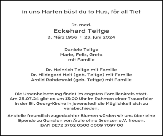 Traueranzeige von Eckehard Teitge von Schleswig-Holsteinische Landeszeitung