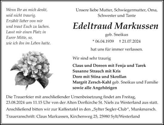 Traueranzeige von Edeltraud Markussen von Sylter Rundschau