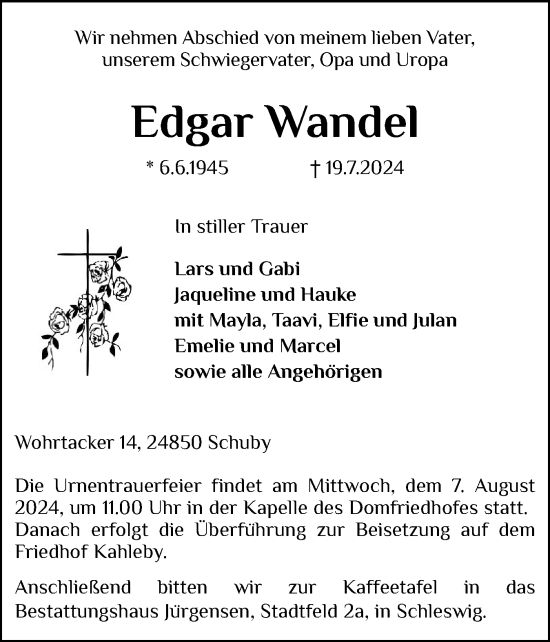 Traueranzeige von Edgar Wandel von Schleswiger Nachrichten, Schlei-Bote
