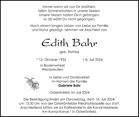 Traueranzeige von Edith Bahr von Schleswig-Holsteinische Landeszeitung