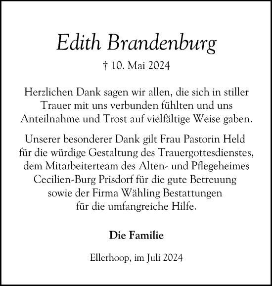Traueranzeige von Edith Brandenburg von Elmshorner Nachrichten, Barmstedter Zeitung