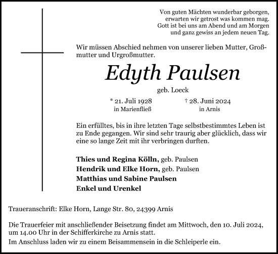 Traueranzeige von Edyth Paulsen von Schleswiger Nachrichten, Schlei-Bote