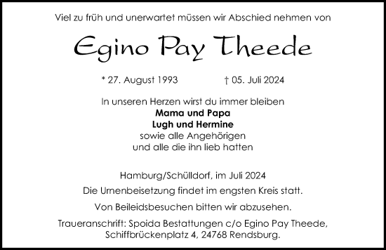 Traueranzeige von Egino Pay Theede von Schleswig-Holsteinische Landeszeitung