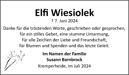 Traueranzeige von Elfi Wiesiolek von Norddeutsche Rundschau, Wilstersche Zeitung, Glückstädter Fortuna