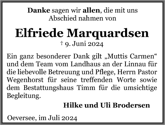 Traueranzeige von Elfriede Marquardsen von Flensburger Tageblatt