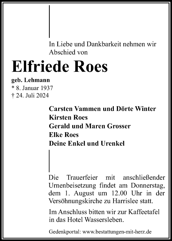 Traueranzeige von Elfriede Roes von Flensburger Tageblatt