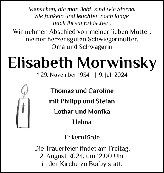 Traueranzeige von Elisabeth Morwinsky von Eckernförder Zeitung, Hallo Eckernförde