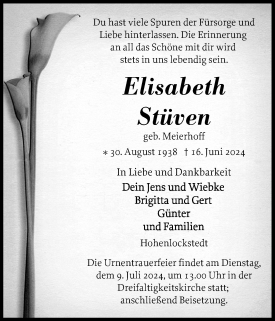 Traueranzeige von Elisabeth Stüven von Norddeutsche Rundschau, Wilstersche Zeitung, Glückstädter Fortuna
