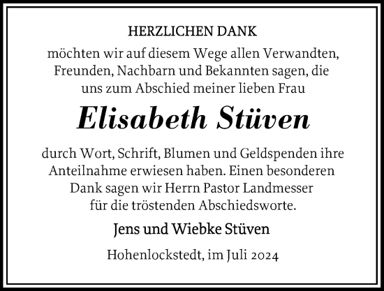 Traueranzeige von Elisabeth Stüven von Norddeutsche Rundschau, Wilstersche Zeitung, Glückstädter Fortuna