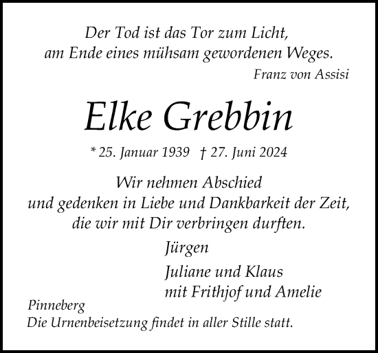 Traueranzeige von Elke Grebbin von Region Pinneberg und tip Pinneberg
