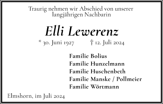 Traueranzeige von Elli Lewerenz von Elmshorner Nachrichten, Barmstedter Zeitung