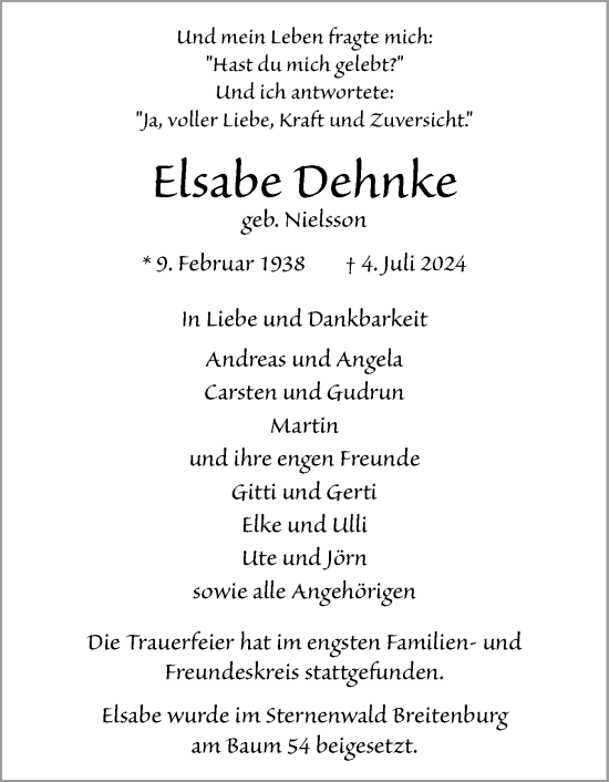 Traueranzeige von Elsabe Dehnke von Norddeutsche Rundschau, Wilstersche Zeitung, Glückstädter Fortuna
