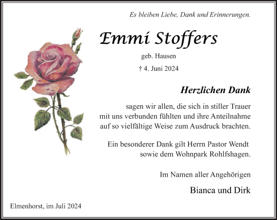 Traueranzeige von Emmi Stoffers von Stormaner Tageblatt