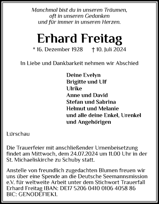 Traueranzeige von Erhard Freitag von Schleswiger Nachrichten, Schlei-Bote