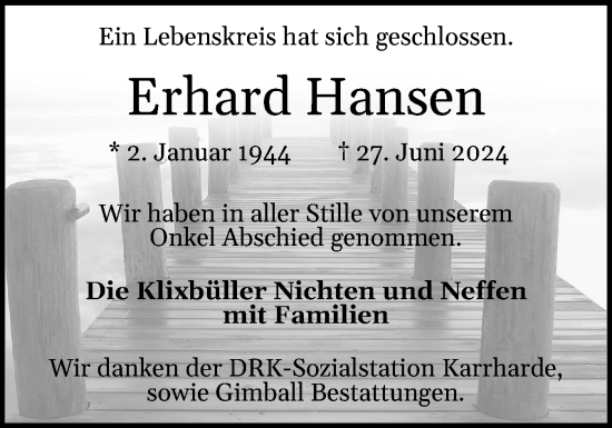Traueranzeige von Erhard Hansen von Husumer Nachrichten, Nordfriesland Tageblatt