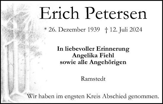 Traueranzeige von Erich Petersen von Husumer Nachrichten, Nordfriesland Tageblatt