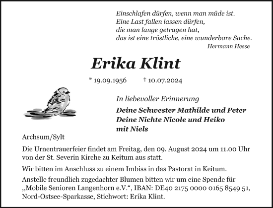 Traueranzeige von Erika Klint von Sylter Rundschau