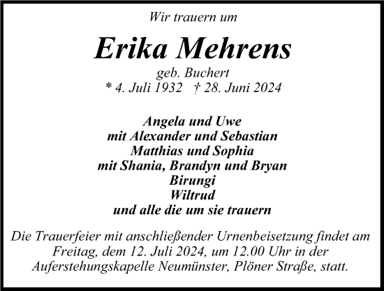Traueranzeige von Erika Mehrens von Holsteinischer Courier