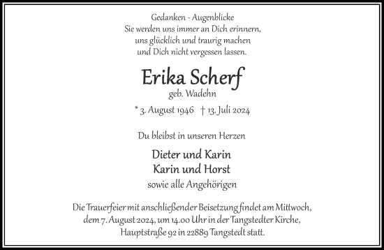 Traueranzeige von Erika Scherf von Stormaner Tageblatt