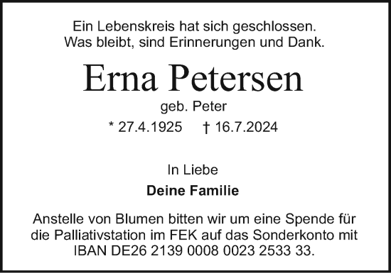 Traueranzeige von Erna Petersen von Holsteinischer Courier