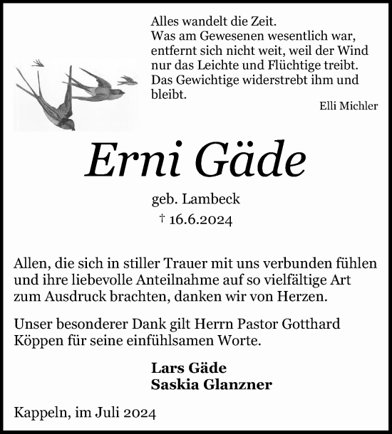 Traueranzeige von Erni Gäde von Schleswiger Nachrichten, Schlei-Bote