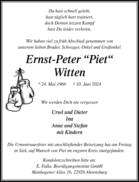 Traueranzeige von Ernst-Peter Witten von Stormaner Tageblatt