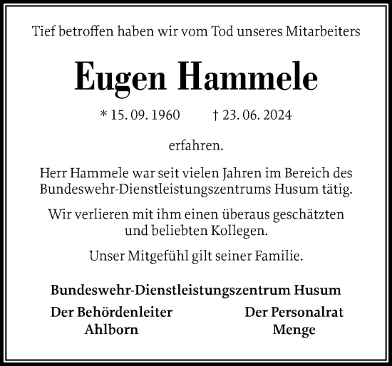 Traueranzeige von Eugen Hammele von Schleswiger Nachrichten, Schlei-Bote