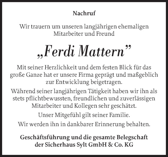 Traueranzeige von Ferdi Mauern von Sylter Rundschau