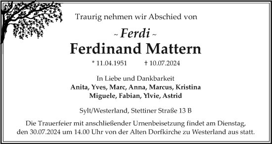 Traueranzeige von Ferdinand Mattern von Sylter Rundschau