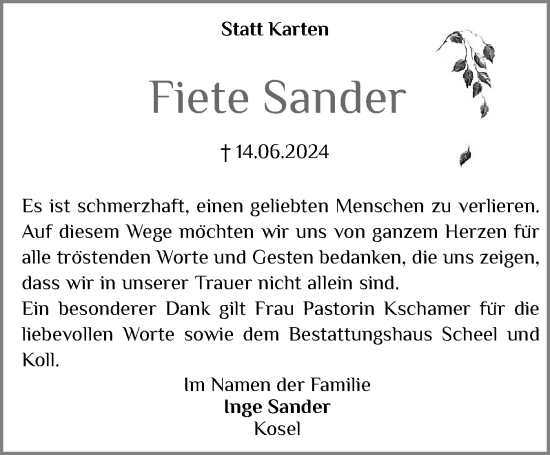Traueranzeige von Fiete Sander von Eckernförder Zeitung, Hallo Eckernförde