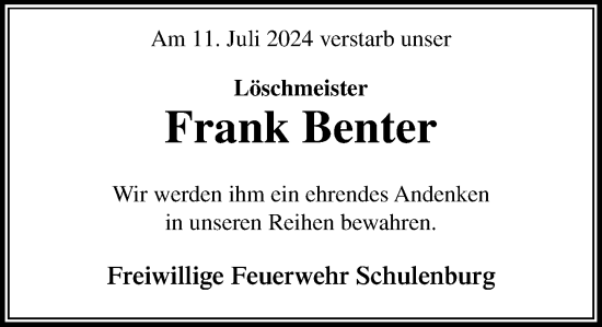 Traueranzeige von Frank Benter von Stormaner Tageblatt