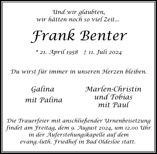 Traueranzeige von Frank Benter von Stormaner Tageblatt