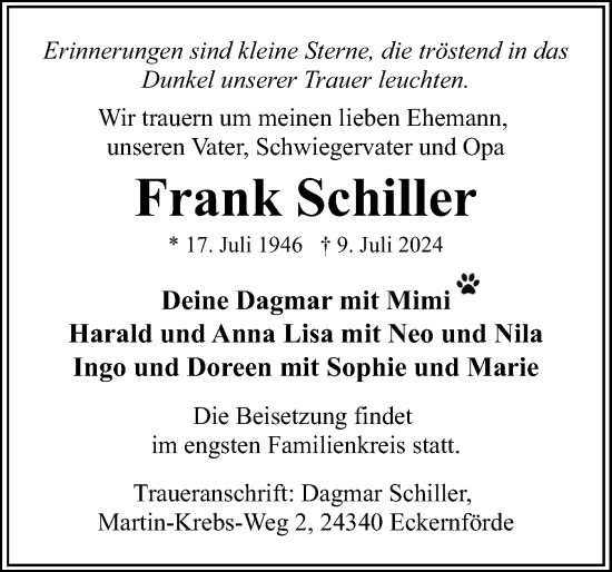 Traueranzeige von Frank Schiller von Eckernförder Zeitung, Hallo Eckernförde