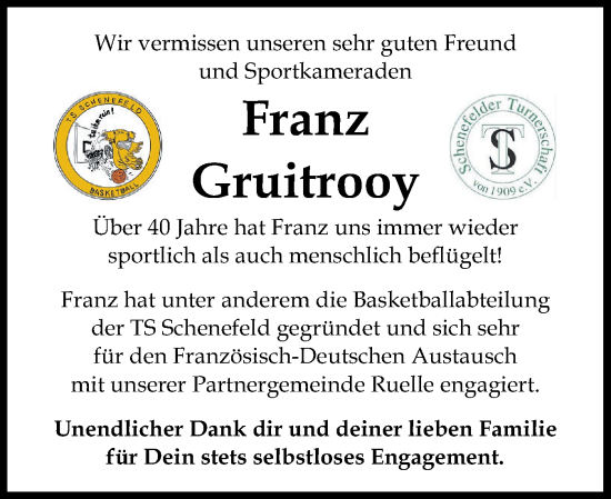 Traueranzeige von Franz Georg Gruitrooy von Norddeutsche Rundschau, Wilstersche Zeitung, Glückstädter Fortuna