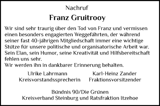 Traueranzeige von Franz Georg Gruitrooy von Norddeutsche Rundschau, Wilstersche Zeitung, Glückstädter Fortuna