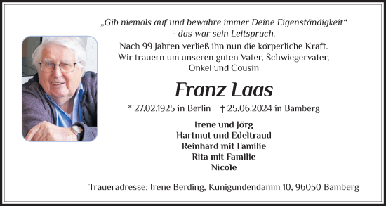 Traueranzeige von Franz Laas von Flensburger Tageblatt