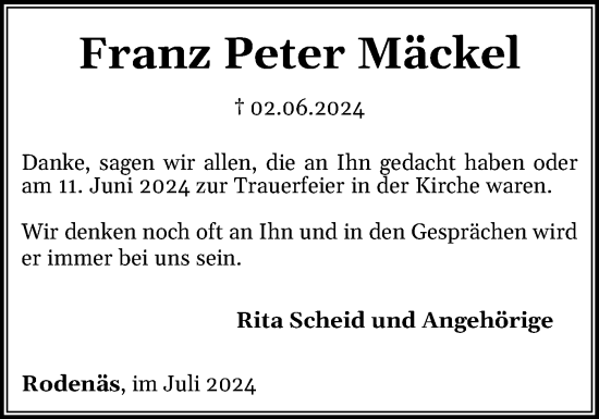 Traueranzeige von Franz Peter Mäckel von Husumer Nachrichten, Nordfriesland Tageblatt