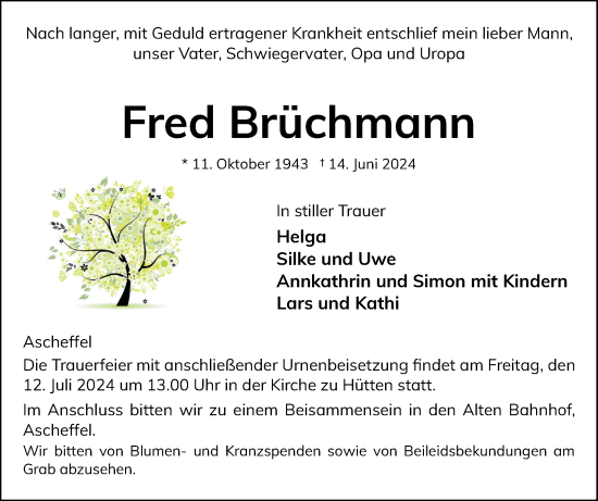 Traueranzeige von Fred Brüchmann von Eckernförder Zeitung, Hallo Eckernförde