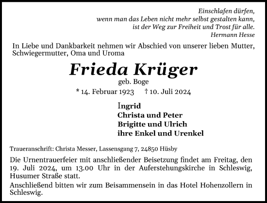 Traueranzeige von Frieda Krüger von Schleswiger Nachrichten, Schlei-Bote