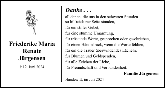 Traueranzeige von Friederike Maria Renate Jürgensen von Flensburger Tageblatt