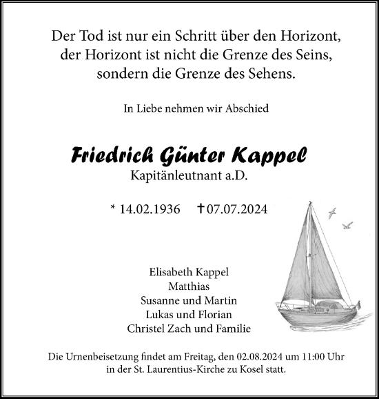 Traueranzeige von Friedrich Kappel von Eckernförder Zeitung, Hallo Eckernförde