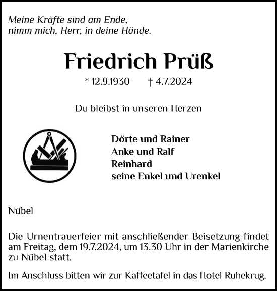 Traueranzeige von Friedrich Prüß von Schleswiger Nachrichten, Schlei-Bote