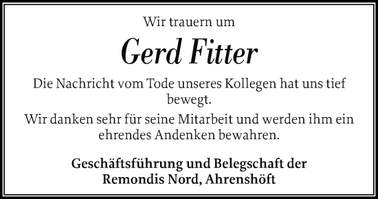 Traueranzeige von Gerd Fitter von Husumer Nachrichten, Nordfriesland Tageblatt