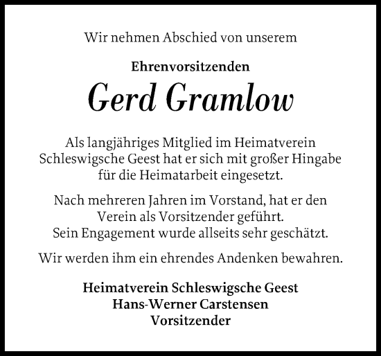 Traueranzeige von Gerd Gramlow von Schleswiger Nachrichten, Schlei-Bote