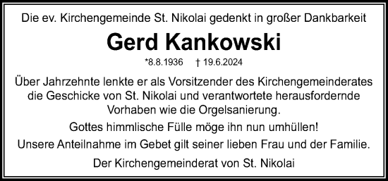Traueranzeige von Gerd Kankowski von Flensburger Tageblatt